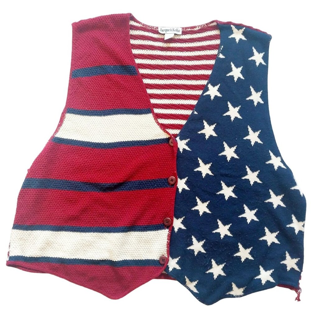Jacque & KoKo Womens Patriotic Knit Vest Stars & Stripes Red White Blue 26/28